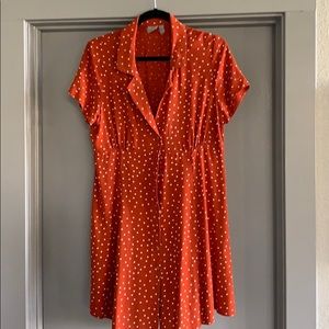 Rust colored button front polka dot dress